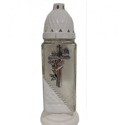 Лампадка стеклянная на 36 часов "Крест с рукой/белый край"