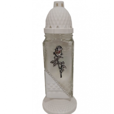 Лампадка стеклянная на 36 часов "Роза высокая серебр./белый край"