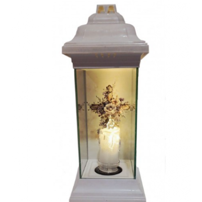 Лампадка Каплычка белая витражная с led-свечой "Крест в розах"