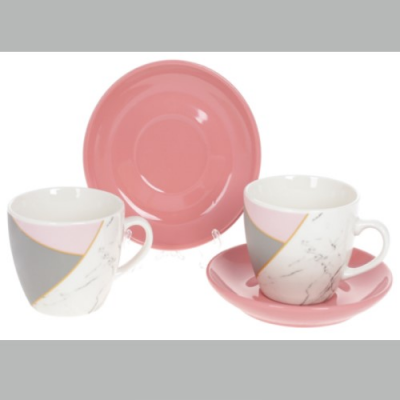 Кофейный набор фарфоровый: 2 чашки 240мл + 2 блюдца, цвет — розовый с белым