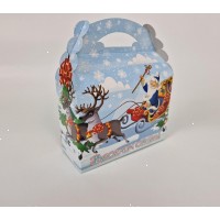 Новогодняя подарочная картонная упаковка для конфет (800-1000грм) Дед Мороз на санях № 205н (1 шт)