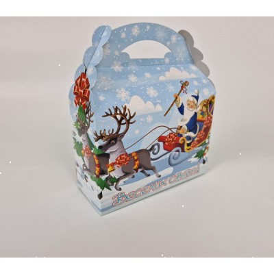 Новогодняя подарочная картонная упаковка для конфет (800-1000грм) Дед Мороз на санях № 205н (1 шт)