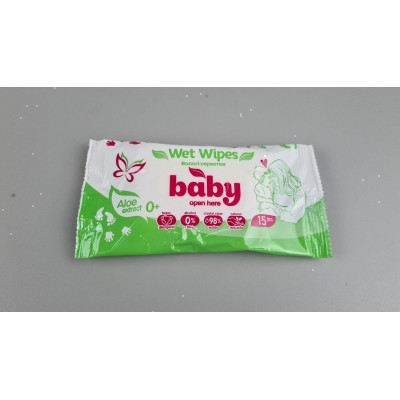 Влажная салфетка  15 шт WET WIPES BABY ALOE ЗЕЛЕНАЯ (1 пачка)