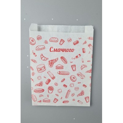 Бумажные пакеты саше крафт белый, 150х40х210, 40г/м2, печать фаст-фуд (100 шт)