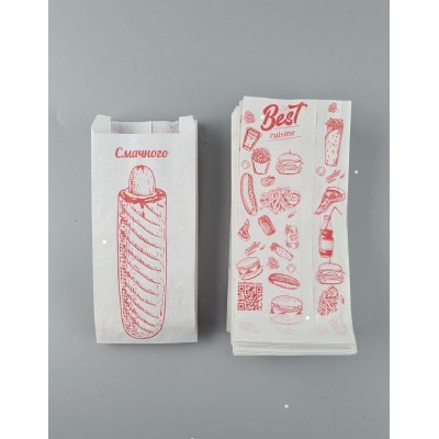 Бумажные пакеты саше крафт белый, 90х40х210, 40г/м2, печать фаст-фуд (100 шт)
