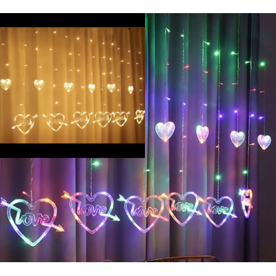 Новогодняя светодиодная Гирлянда Штора Сердца "Love" 120Led 3 х 0,7 м (Теплый Белый, Мульти) 