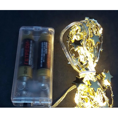 Светодиодная Гирлянда Нить на Медной Проволоке Капля Росы Звезды 20 Led 2м на Батарейках, Теплый Белый