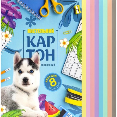 Цветной картон А4 пастельный односторонний в папке 8 листов "Мандарин" 112349