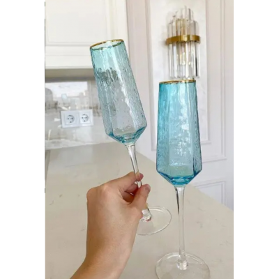 Стеклянный бокал для шампанского (200мл) Голубой с золотым кантом (1 шт)