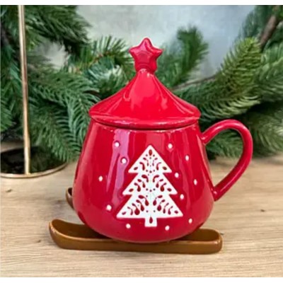 Фарфоровая чашка (300мл) с крышкой Сани красные