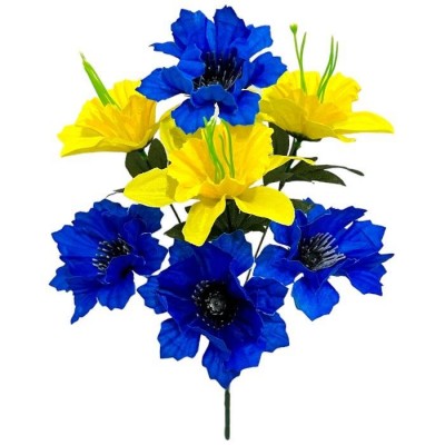 Искусственные цветы букет микс васильки и нарциссы серия Украина, 37см