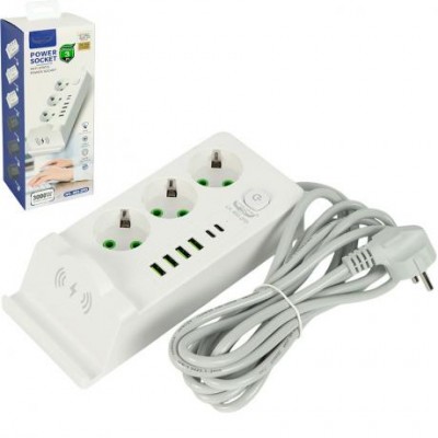 Мережевий фільтр - подовжувач 3000W 993-2P, 3 розетки + 4USB+2Type-C, бездротова зарядка, 3м 481