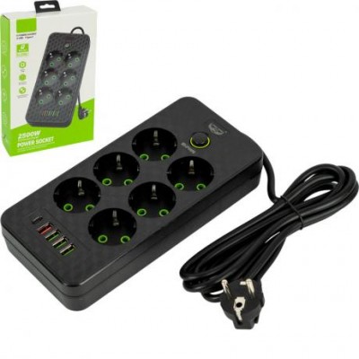 Мережевий фільтр - подовжувач 2500W 2м, 6 розеток + 4 USB + 1 Type-C, 483