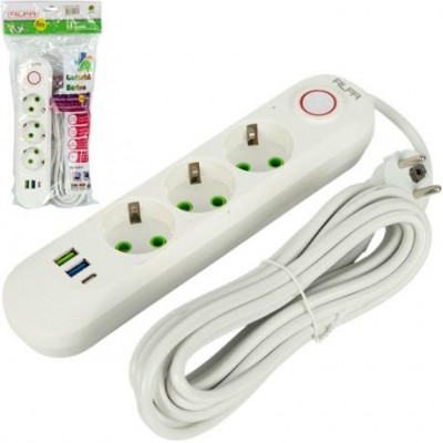 Подовжувач електричний на 3шт/5м +2USB +1Type-C з вимикачем 496