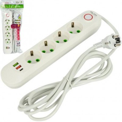 Подовжувач електричний на 4шт/3м +2USB +1Type-C з вимикачем 497
