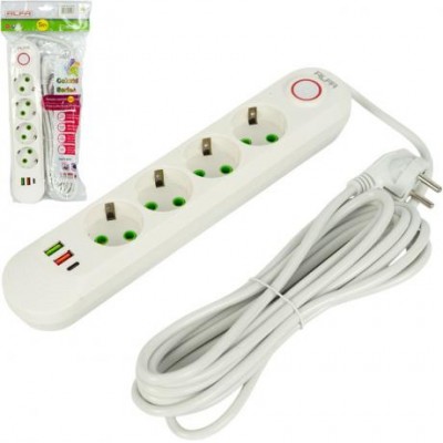Подовжувач електричний на 4шт/5м +2USB +1Type-C з вимикачем 498