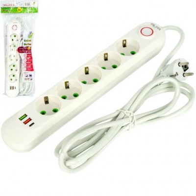 Подовжувач електричний на 5шт/3м +2USB +1Type-C з вимикачем 499
