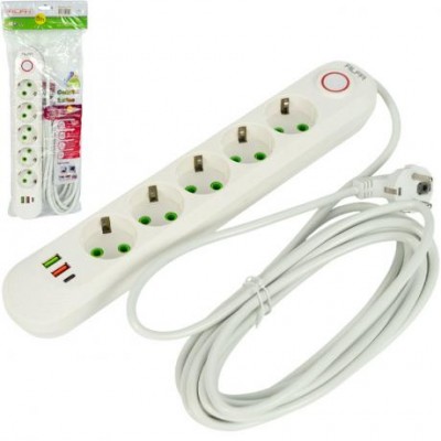 Подовжувач електричний на 5шт/5м +2USB +1Type-C з вимикачем 500/499