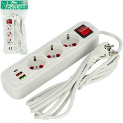 Електричний подовжувач на 3шт/3м та 2 USB+1Type-C з вимикачем 504