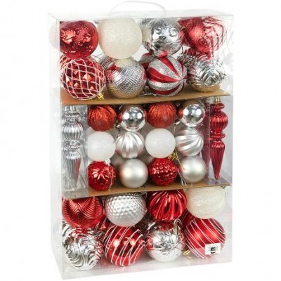 Набір ялинкових прикрас 74шт Сріблясто-червоний з білими акцентами 6279-1E