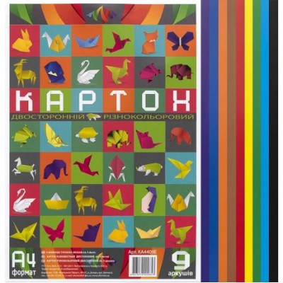 Цветной картон А4 двухсторонний, разноцветный, 9 листов "Офорт"