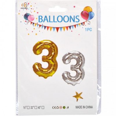 Шарик цифры метализированый №3  40см золото/серебро
