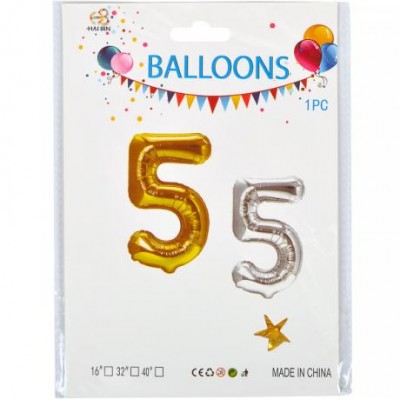 Шарик цифры метализированый №5  40см золото/серебро