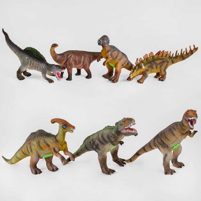 Динозавр резиновый К 1501/2/3/4/5/6/7 (72/2) издает звуки, 7 видов, 25 см, мягкий, резиновый, в пакете
