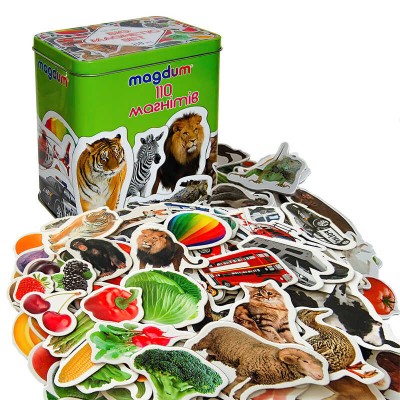 гр Набір магнітів (16) ML4031-63 EN, Magdum 110 елементів, тварини, транспорт, фрукти, в коробці
