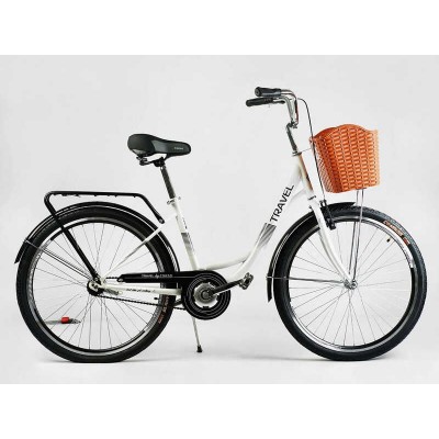 Велосипед міський Corso «TRAVEL» 26`` TR-7302 (1) колір білий, одношвидкісний, сталева рама 16.5``, корзина, багажник