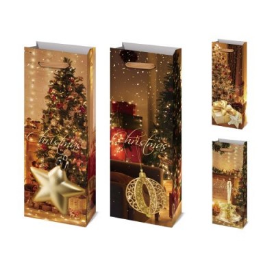 Пакет новогодний бумажный под бутылку "Merry Christmas" 13*8.5*36см
