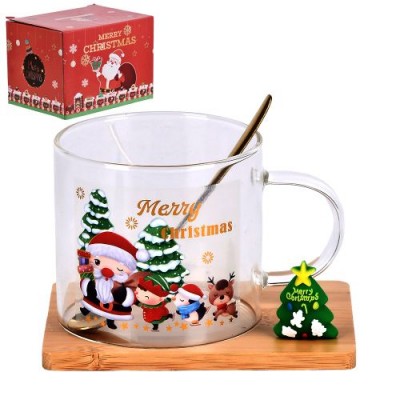 Чашка новогодняя на бамбуковой подставке с ложкой "Merry Christmas" 250мл
