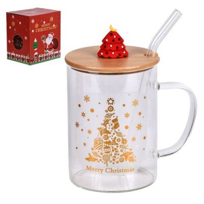 Чашка новогодняя с бамбуковой крышкой и трубочкой "Christmas Magic" 450мл