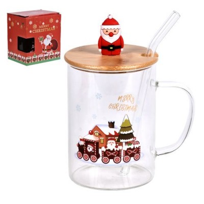 Чашка новогодняя с бамбуковой крышкой и трубочкой "Christmas Spirit" 450мл