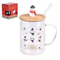 Чашка новогодняя с бамбуковой крышкой и трубочкой "Merry Christmas" 450мл	
