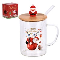 Чашка новогодняя с бамбуковой крышкой и трубочкой "Santa" 450мл	