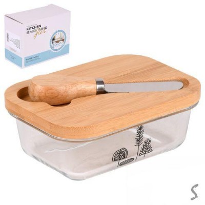 Масленка стекло с ножом и бамбуковой крышкой 10.5*14.5*6см Масленка стекло с ножом и бамбуковой крышкой 10.5*14.5*6см