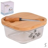 Масленка стекло с ножом и бамбуковой крышкой 13.5*13.5*6см