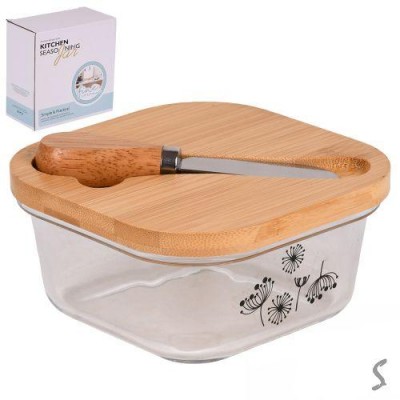 Масленка стекло с ножом и бамбуковой крышкой 13.5*13.5*6см Масленка стекло с ножом и бамбуковой крышкой 13.5*13.5*6см