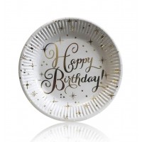 Бумажные тарелки диам.18см Happy Birthday золото (уп.10шт.)
