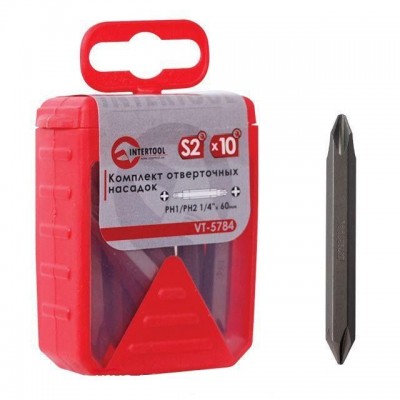 Комплект отверточных насадок РН1/РН2 1/4 Комплект отверточных насадок РН1/РН2 1/4"х60мм (10шт*уп) Intertool VT-5784