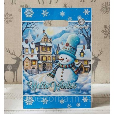 Пакеты новогодние с прорубной ручкой 22х30 Снеговик подарочные полиэтиленовые пакеты для магазинов сувениров и подарков 50 штук