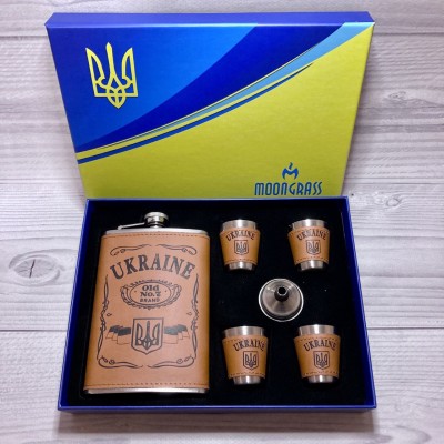 Подарочный набор MOONGRASS 6в1 с флягой, рюмками, лейкой UKRAINE 