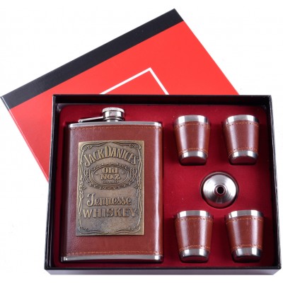 Подарочный набор 6в1 фляга с набойкой 'Jack Daniels' (обтянута кожей), 4 рюмки, лейка TZ-5