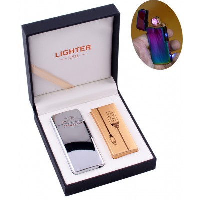 Электроимпульсная зажигалка в подарочной коробке LIGHTER (USB) №HL-122 Silver