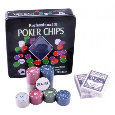 Покерный набор на 100 фишек с номиналом в металлической коробке №100T-2