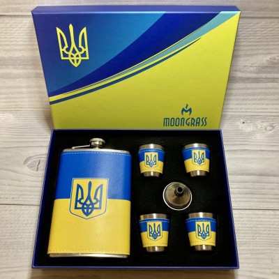 Подарочный набор MOONGRASS 6в1 с флягой, рюмками, лейкой Герб Украины 