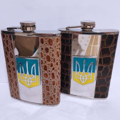 Фляга с тризубом 8 oz (≈240 мл), в кожзам-оплётке — уценка 179-8