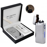 Электроимпульсная USB зажигалка молния-дуга, индикатор заряда HL-216 Silver