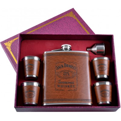 Подарочный набор 6в1 фляга (обтянута кожей), 4 рюмки, лейка Jack Daniels TZ-7 Темный
